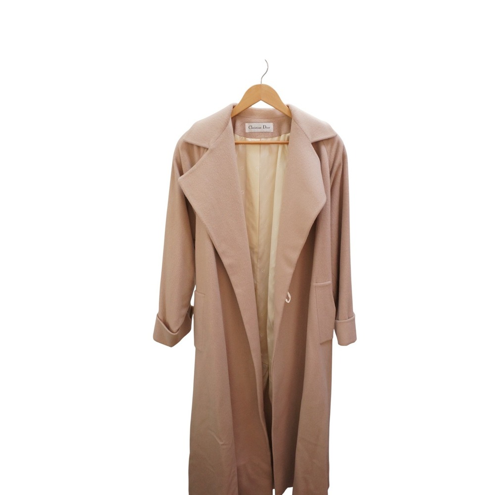 Christian Dior Beige Long Wool Blend Trench Coat Belted Lapel Collar Women - Picture 9 of 16